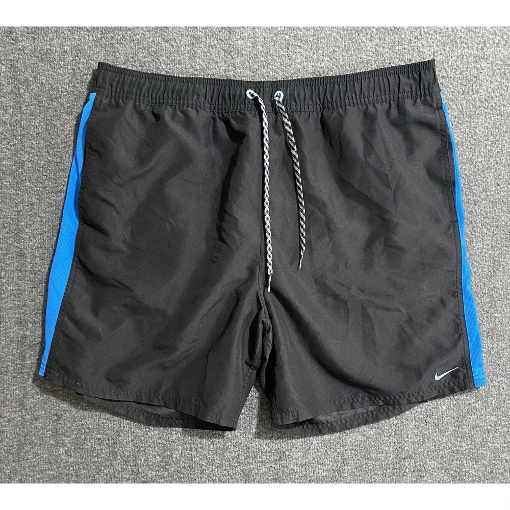 Nike Mens Black Blue Stripe Swim Trunks Lined Athletic Shorts NESS7400 L
